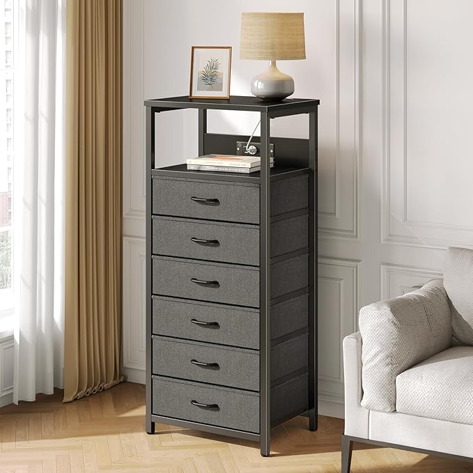 Seventable Night Stand with Charging Station, Tall Nightstand with 6 Fabric Storage Drawers, Side Table with LED Light for Bedroom, Entryway, Black, Set of 2