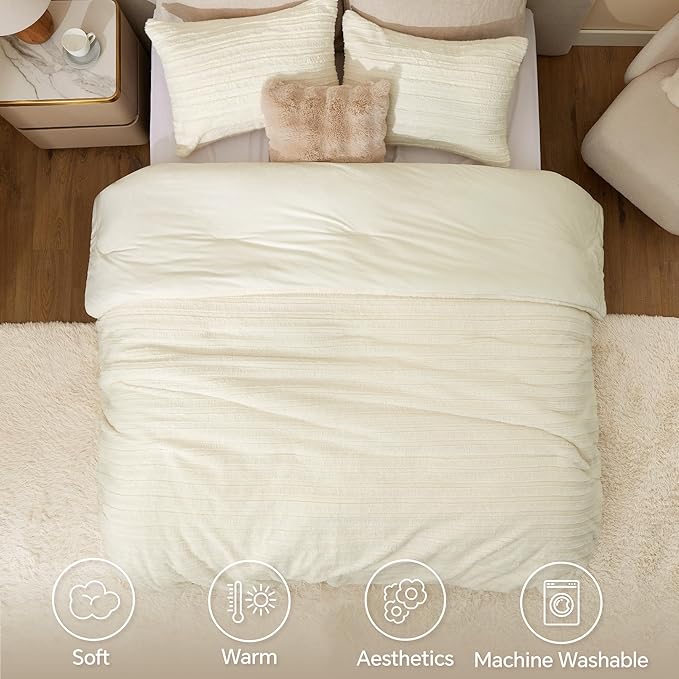BEDELITE Fleece King Comforter Set -Super Soft & Warm Fluffy Cream White Faux Fur Bedding, Luxury Fuzzy Heavy Bed Set for Winter with 2 Pillow Cases