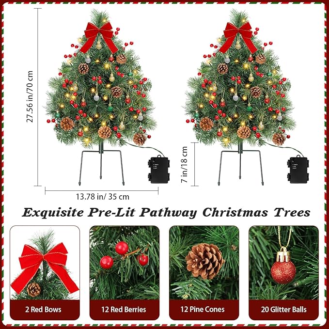 Lewondr Set of 2 Prelit Pathway Christmas Trees, 27.56" Outdoor Christmas Tree with 50 LED Lights, Pine Cones Red Berries, Battery Operated Outdoor Xmas Decor for Yard Home Porch, Green