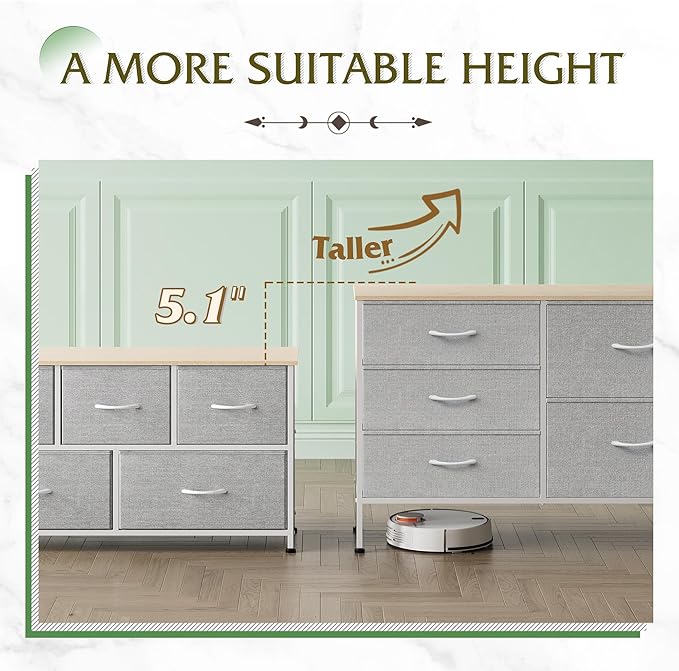 WLIVE Dresser for Bedroom with 5 Drawers, Wide Bedroom Dressers with Drawer Organizers, Chest of Drawers, Fabric Dresser for Living Room, Closet, Hallway, Light Grey