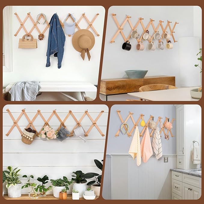 Wall Rack with 20 Hooks, Wooden Wall Expandable Coat Rack for Coat, Hats, Baseball Caps, Coffee Mug, Jewelry(Natural)