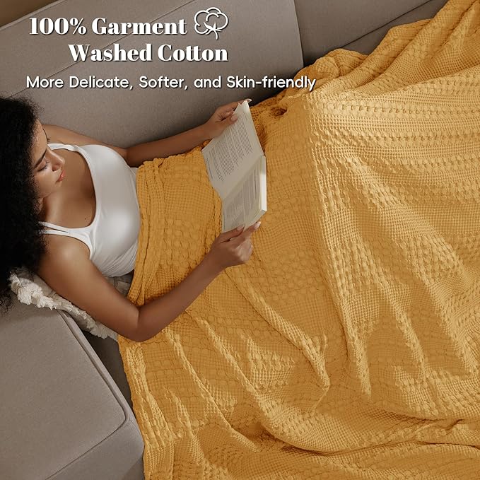 PHF 100% Cotton Waffle Weave Blanket Twin Size for Bed, Soft Lightweight & Breathable, All-Season Comfort, Luxury Aesthetic Woven Bedding for Home Decor, 66"x90", Pumpkin Orange