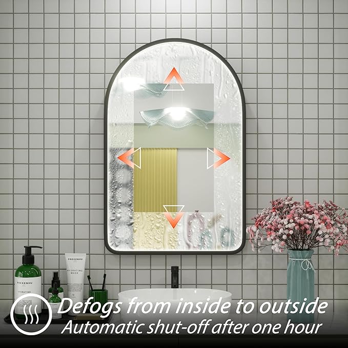 20x30 Inch Arched LED Bathroom Mirror with Lights, Adjustable 3000K/4500K/6000K, Wall Mounted Black Frame Lighted Bathroom Vanity Mirror, Anti-Fog, Dimmable, Memory Function