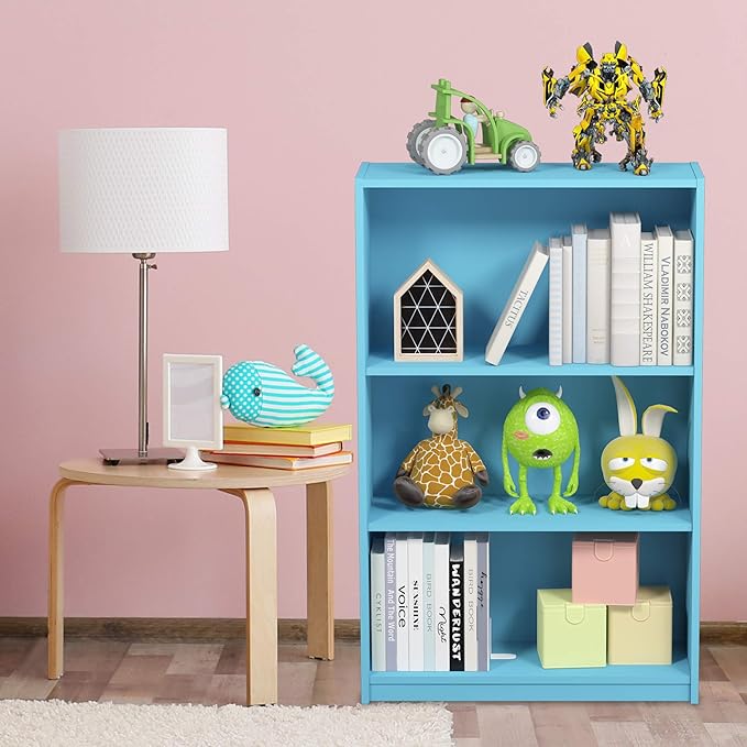 Furinno JAYA Book Shelf, 3-Tier Bookshelf, Bookcase with Adjustable Shelves, 9.5 x 24.5 x 40.3, for Living Room, Bedroom, Home Office, Light Blue