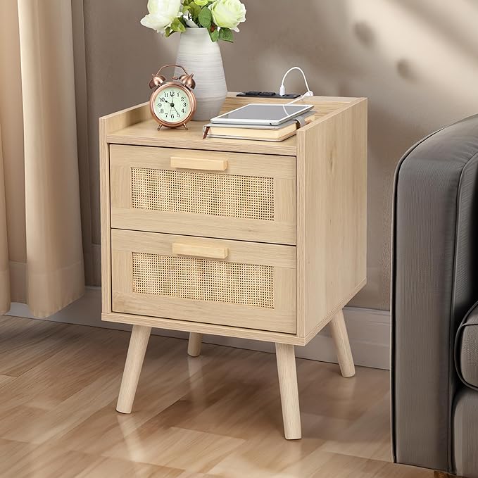 Finnhomy Nightstand with Charging Station, Bedside Table with 2 Hand Made Rattan Decorated Drawers, Night Stand with Storage for Bedroom, Natural, Set of 2