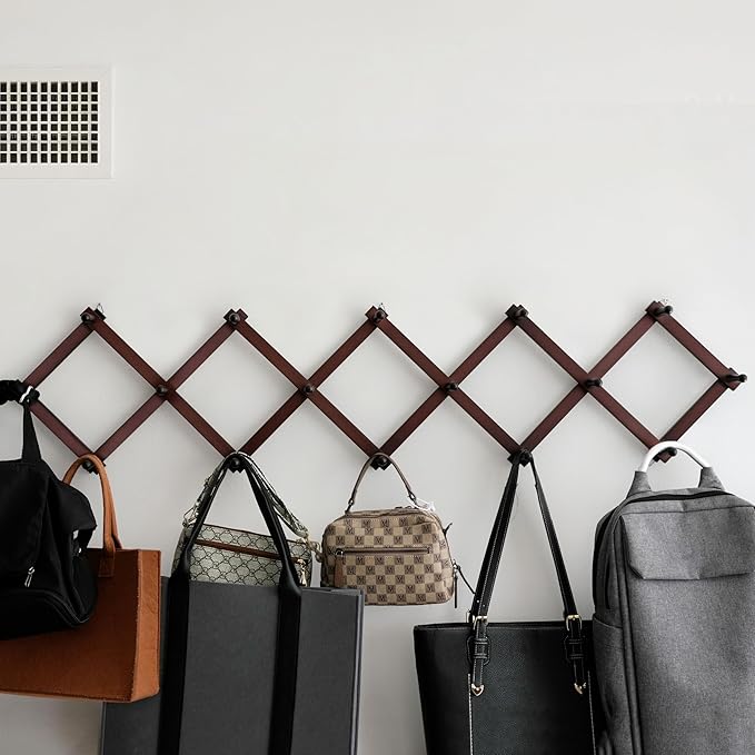 SKOLOO Accordion Wall Hanger with 16 Hooks, Modern Expandable Coat Rack Hat Rack for Wall, Solid Wooden, Cherry Red