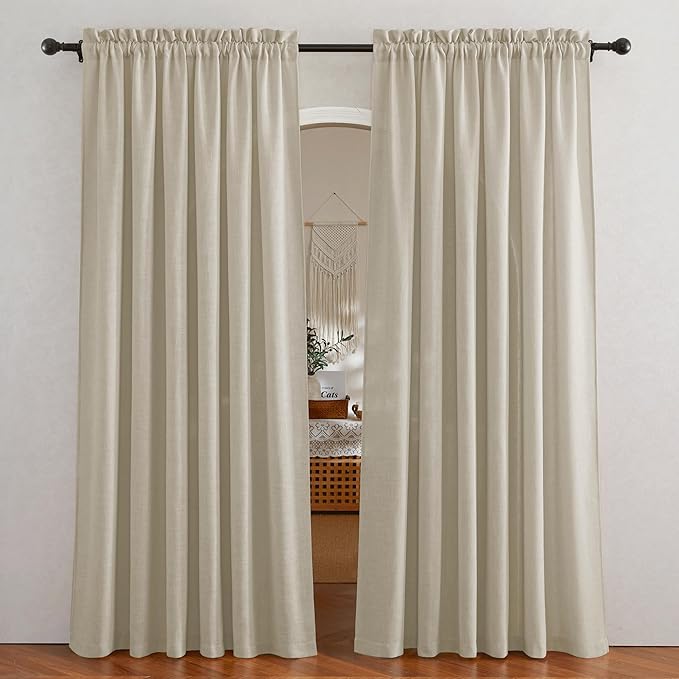 RYB HOME Linen Textured Sheer Curtains 84 inches Long, Privacy Semi-Transparent Sheer Window Curtains for Living Room Bathroom French Door, Deep Beige, W 70 x L 84 inch, 1 Pair