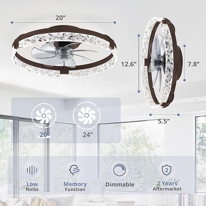 LEDIARY 2 Pack 20 Inch Low Profile Ceiling Fan with Lights and Remote, Dimmable Fandelier Ceiling Fans, Brown Modern Flush Mount Ceiling Fan with 3 Color Temperature Change and 6 Speeds