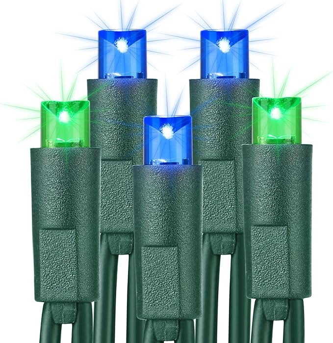 Brizled Blue & Green LED Christmas Lights, 33ft 100 5MM Wide Angle Connectable Mini Tree Lights, UL Listed Xmas Indoor/Outdoor Party Decor, Green Wire