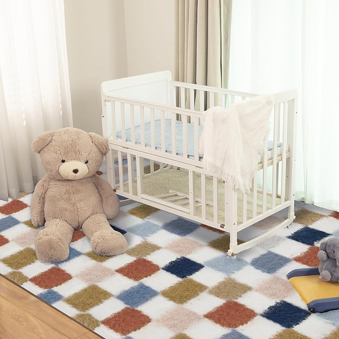 Super Soft Rug for Bedroom, 4x6 Ft Rainbow Area Rug Classic Checkered Shaggy Rug Anti-Skid High Pile Soft Fluffy Fuzzy Carpet for Living Room Bedroom Kids Room Nursery, Dorm Home Decor