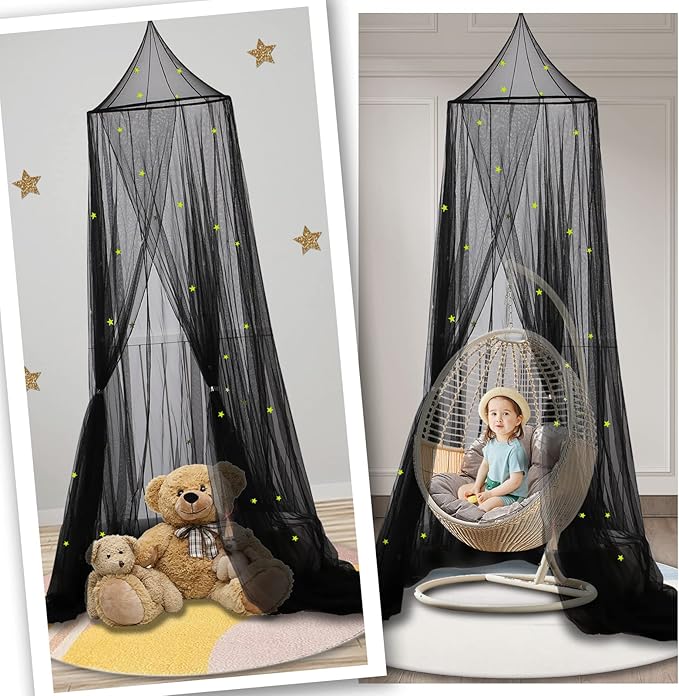 South to East Bed Canopy with Glowing Stars in The Dark, Black Bed Curtains for Kids & Toddler Beds, Twin, Full & Queen, Mosquito Net Canopy for Adult Bedrooms, Easy to Install