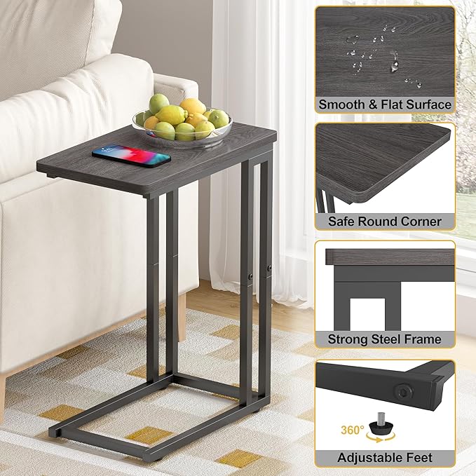 Yusong C Shaped End Table - Slide Under Sofa Couch Bed, Small Table for Small Spaces, Skinny Overbed, Coffee Drink Snack Table for Living Room, Grey Oak