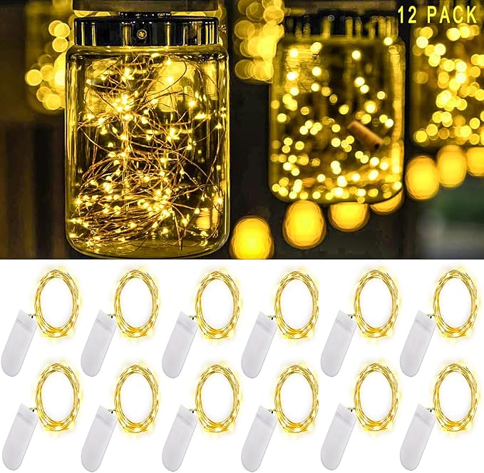 Warm White Fairy Lights Battery Operated, 7ft Mini Lights for Mason Jar, 12-Pack 20 Small LED String Lights for Crafts Bedroom Wedding Party Table Bottle Christmas Firefly Fairy Decoration