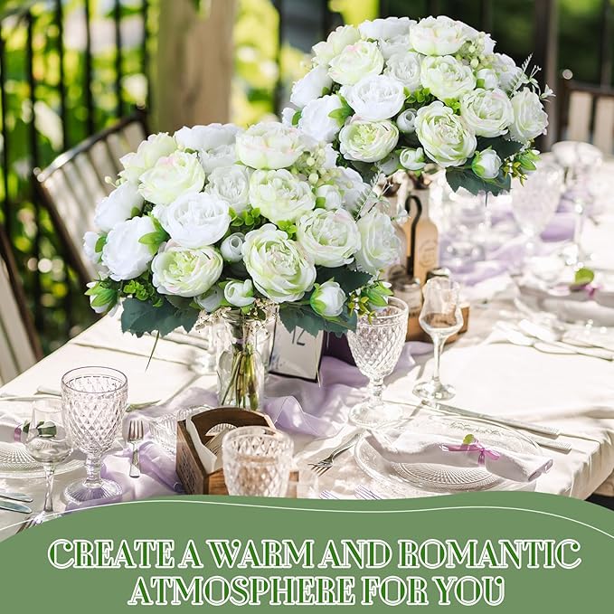 Geosar 8 Bundles Artificial Peonies Flowers Fake Silk Peony Bouquet Faux Peonies Flowers Bulk for Decoration Vase Floral Arrangements Wedding Party Table (White,Green)