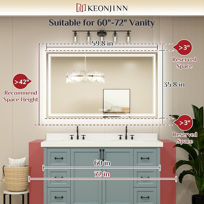 Keonjinn LED Bathroom Mirror with Lights 60 x 36 Inch, Large LED Vanity Mirror for Bathroom, HD Tempered Glass, UL Listed LED Driver, Easy to Install, Anti-Fog, Memory Dimmable 6000K, Frontlit Only