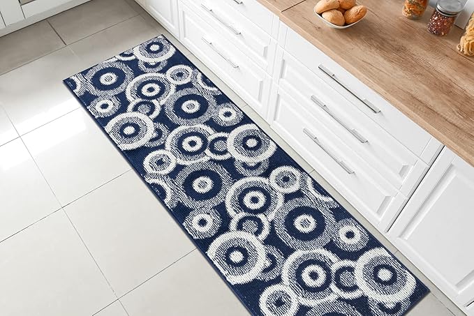 Custom Length Cut to Size Retro Modern Coastal Carpet Runner Rug for Hallways, Non Slip Rubber Backed, 31 inch Wide X Customized Length, Geo Blue, 31 inch X 29 feet