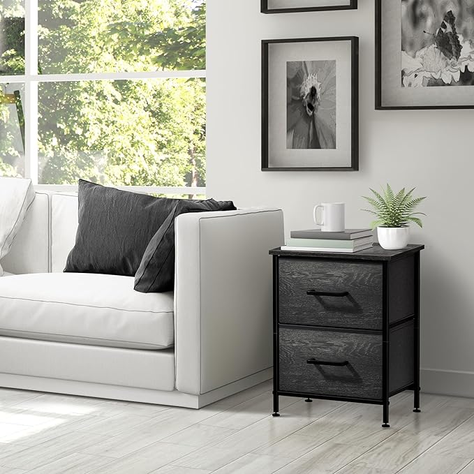 Sorbus Nightstand Dresser with 2 Faux Wood Drawers - Bedside Table Chest with Storage Bedroom, Living Room, Closet & Dorm Furniture Lamp Stand - Steel Frame, Wood Top, Easy Pull Fabric Bins