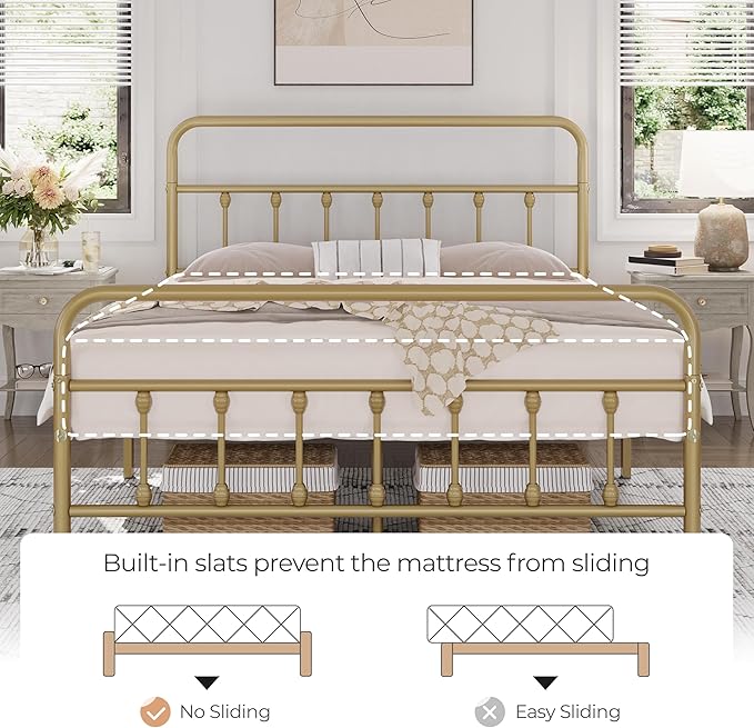 Yaheetech Classic Metal Platform Bed Frame Mattress Foundation with Victorian Style Iron-Art Headboard/Footboard/Under Bed Storage/No Box Spring Needed/Queen Size Antique Gold