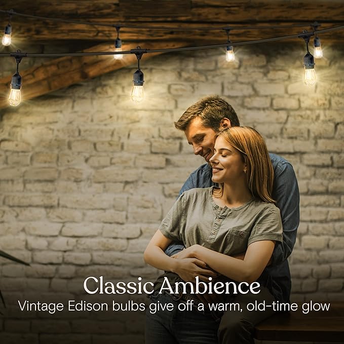 Brightech Ambience Pro LED String Lights - 48 Ft Commercial Grade Patio Lights Outdoor Waterproof - Heavy Duty Porch String Lights for Backyard, Christmas - Dimmable Vintage Edison 1W 15 Bulbs,