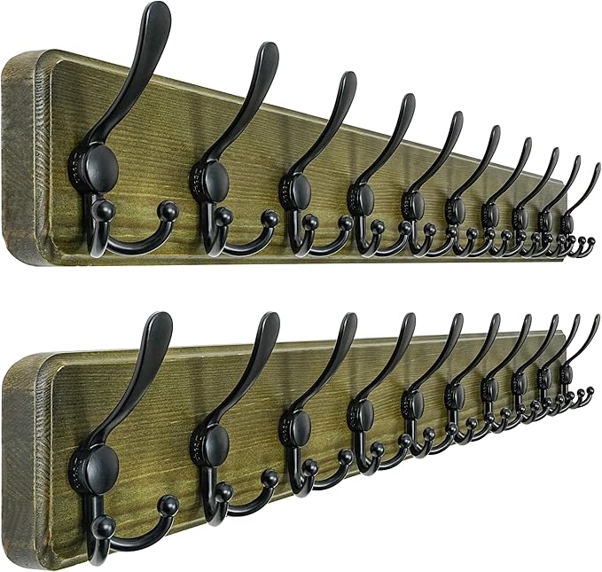 Dseap Coat Rack Wall - Heavy-Duty 38-1/4" Long, with Reinforced 10 Custom Tri-Hooks, Solid Wood Wall Hanger for Coats Hat Jackets - Rustic Farmhouse Entryway Storage,Weathered Green & Black,Pack of 2