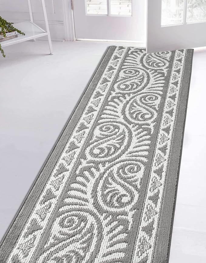 Custom Length Cut to Size Tribal Ethnic Southwestern Inspired Hallway Runner Rug, Non Slip Rubber Backed, 31 inch Wide X Customized Length, Mayan Grey, 31 inch X 8 feet