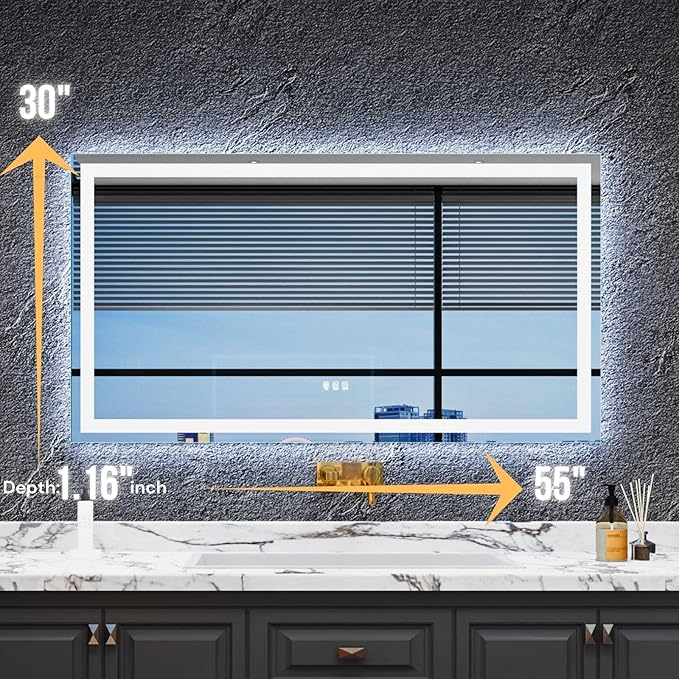 LED Bathroom Mirror 55"x 30",Front Lit and Backlit Bathroom Mirror with Lights,Stepless Dimmable,Anti-Fog, Shatter-Proof, Memory, 3 Colors Lighted Vanity Mirror (Horizontal/Vertical)