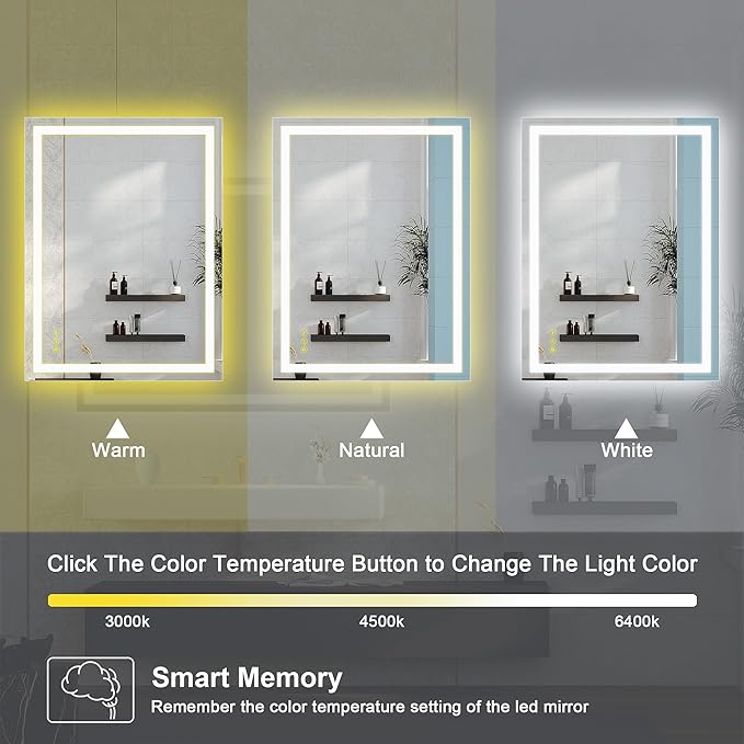 Wall-Mounted LED Square Bathroom Mirror, Makeup Mirror (32 inches x 24 inches,) 3 Color Dimming Bathroom Vanity Mirror with Lights Smart Mirror with Touch (Horizontal/Vertical)