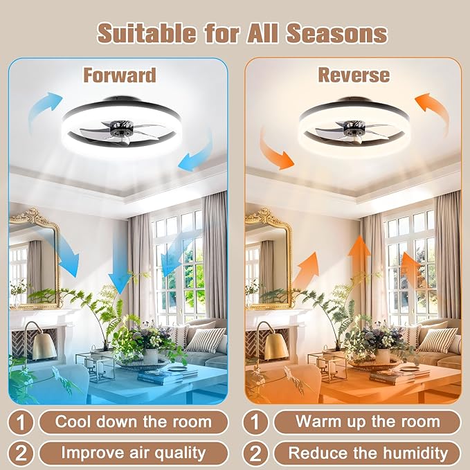 VOLISUN Low Profile Ceiling Fans with Lights and Remote,15.7in Modern Ceiling Fan Flush Mount,3000K-6500K Dimmable Bladeless LED Fan Light,Black Fandelier Ceiling Fans with Lights for Bedroom