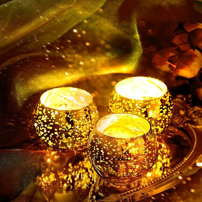 Rtteri 12 Set Votive Candle Holders Wedding Centerpiece Table Decorations Speckled Mercury Glass Votive Candle Holders with Tea Lights Birthday Party Decorations for Home (Gold)