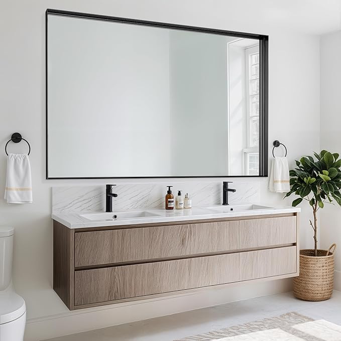 Suidia Bathroom Mirror, 55" x 36" Wall Mirror Metal Framed, Bathroom Vanity Mirror for Living Room Bedroom Bathroom Entryway, Black, Rect Corner Style