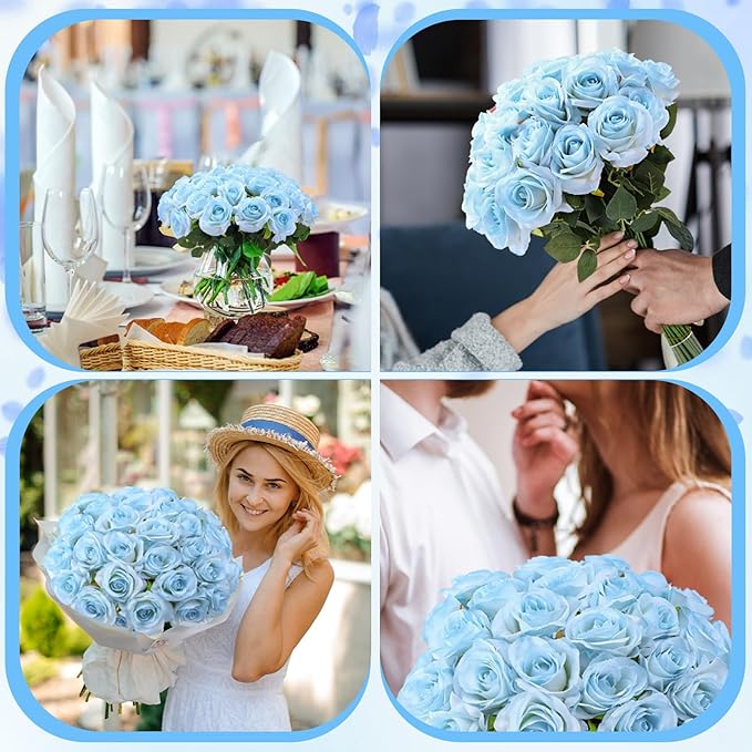 68 Pcs Ice Blue Artificial Roses Fake Flowers,Silk Flowers with Stems for DIY Wedding Bridal Shower Centerpieces Arrangements Tables Decorations
