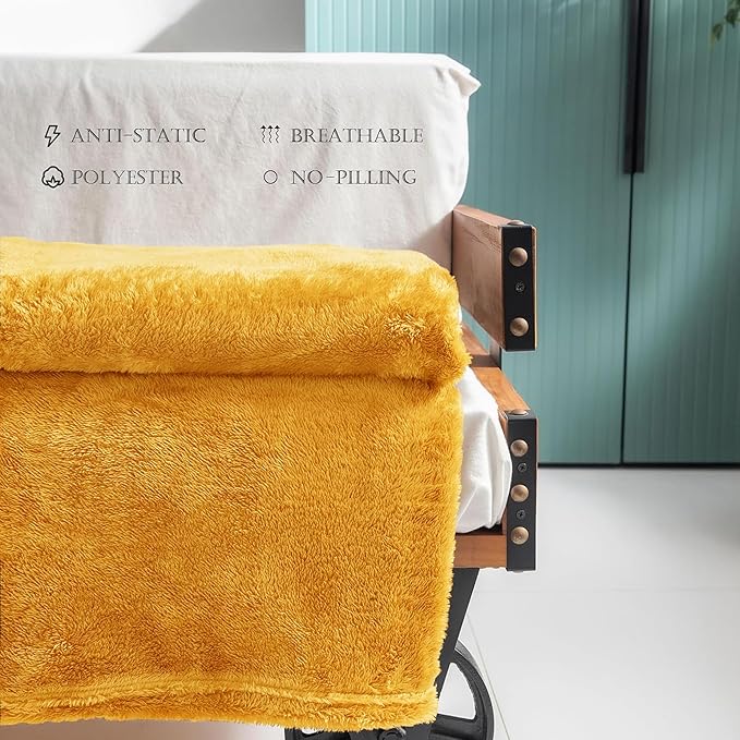 Exclusivo Mezcla Plush Fuzzy Fleece Throw Blanket Extra Large, Super Soft, Fluffy and Warm Blankets for Couch, Bed, Suitable for All Seasons (50x70 Inches, Mustard Yellow)