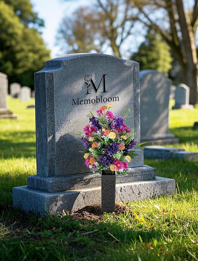 Artificial Cemetery Flowers for Grave: Memorial Day Flowers for Cemetery - Outdoor Grave Decorations - 2 Pcs Purple Violet Mums Bouquets with Vases
