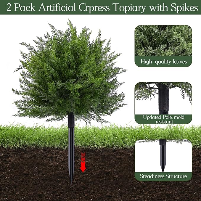23.6" Artificial Cypress Topiary Christmas Tree with Spike, 2 Pack Faux Cedar Bushes UV Resistant Fake Shrubs for Front Porch Winter Decor (Cedar Topiary Ball Trees)
