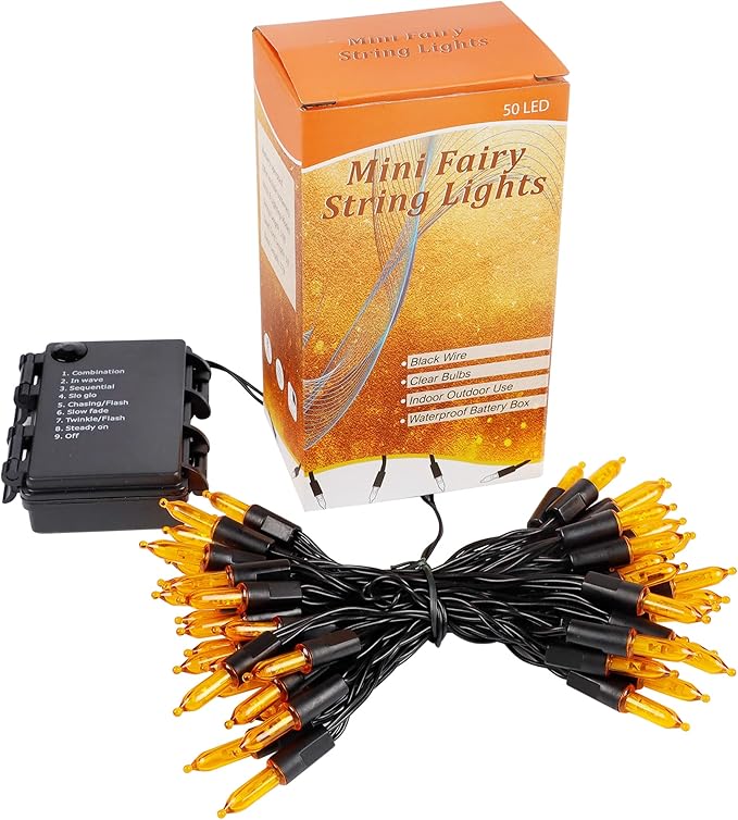 Blissun Halloween Lights: 50-Count Black Wire Mini String Lights with 8 Modes, 16 ft for Decorations (1 Pack, Orange)