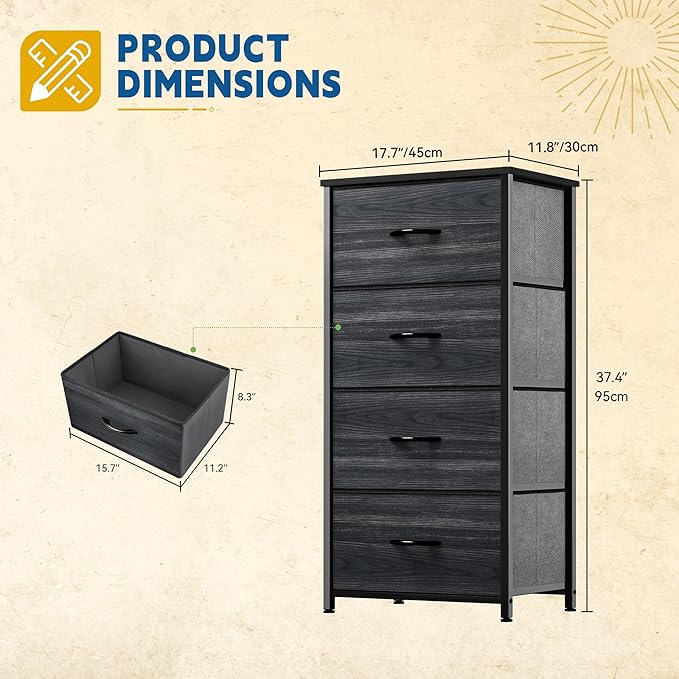 DWVO 4 Drawers Dresser, Dresser for Bedroom, Fabric Storage Tower, Chest of Drawers, Organizer Unit for Closets, Living Room, Sturdy Steel Frame, Wooden Top, Easy Pull Fabric Bins