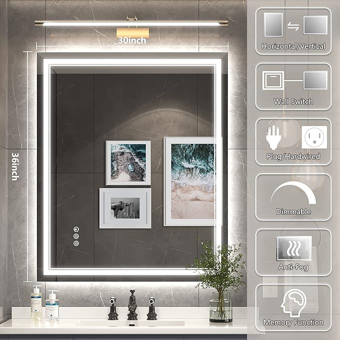 30x36 Inch Led Mirror for Bathroom with Front Light and Backlit, Dimmable Anti Fog Wall Bathroom Mirror with Led Lights, Water Proof, Decor Vanity Mirror