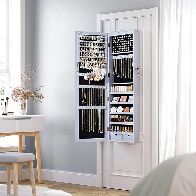 SONGMICS 6 LEDs Mirror Jewelry Cabinet, 47.2-Inch Tall Lockable Wall or Door Mounted Jewelry Armoire Organizer with Mirror, 2 Drawers, Christmas Gift, 3.9 x 14.6 x 47.2 Inches, Gray