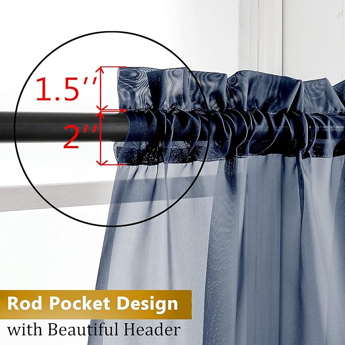Aiyufeng Navy Blue Sheer Curtains 45 inch Length 2 Panels Set for Farmhouse Kitchen Room, Elegant Light Filtering Voile Window Treatments, Each is 40W x 45L Inches