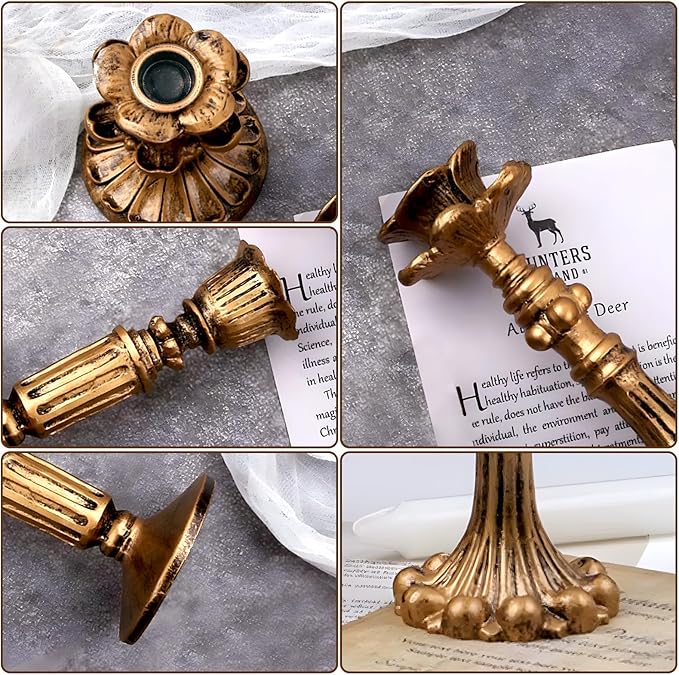 GEMLORD 6 Pcs Vintage Candlestick Holders for Taper, Resin Candle Holder Retro Antique Bronze Candle Holder for Wedding Party Anniversary Table Fireplace Home Decoration (3 Style)