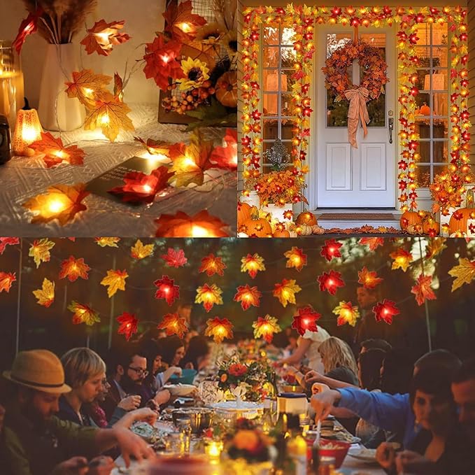 2 Pack Thanksgiving Decorations Maple Leaf Pumpkin Lights, Total 20Ft 40 LED Battery Operated 3D Pumpkin Fall Leaves Garland String Lights for Home Mantel Table Porch Door Indoor Outdoor Fall Decor