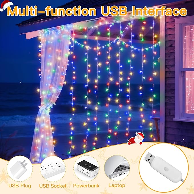Ollny Curtain Lights 200LED 6.6x6.6ft, USB Multicolor Christmas Curtain Lights with Remote 8 Modes Timer, Waterproof String Lights for Bedroom Backdrop Window Indoor Outdoor