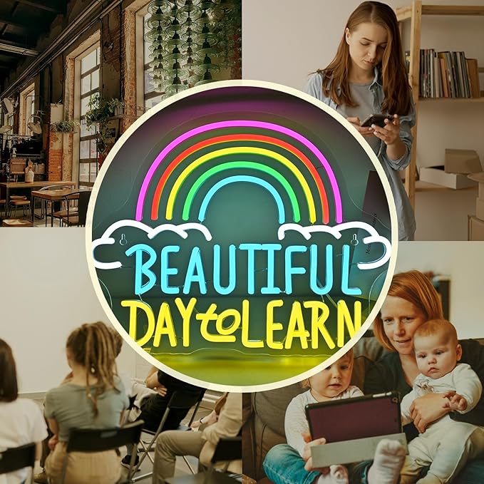 Beautiful Day to Learn LED Neon Sign, 16.5"x12.6" USB Powered, Dimmable, 5V/2A, for Classroom, Study Cornor Home, Gift, Office, Bedroom, Lifelong Learner