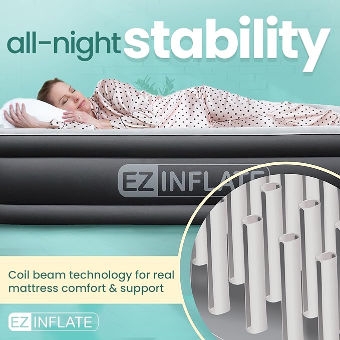 EZ INFLATE Air Mattress with Built in Pump - Full Size Double-High Inflatable Mattress with Flocked Top - Easy Inflate, Waterproof, Portable Blow Up Bed for Camping & Travel