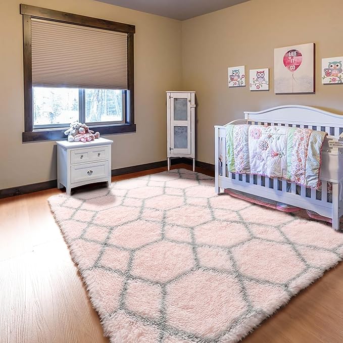 ONASAR Area Rugs for Bedroom Living Room, Washable 4x6 Fluffy Pink and Grey Throw Rug, Shaggy Geometric Soft Plush Floor Carpet for Nursery Girls Teen Playroom Dorm Home Decor Aesthetic