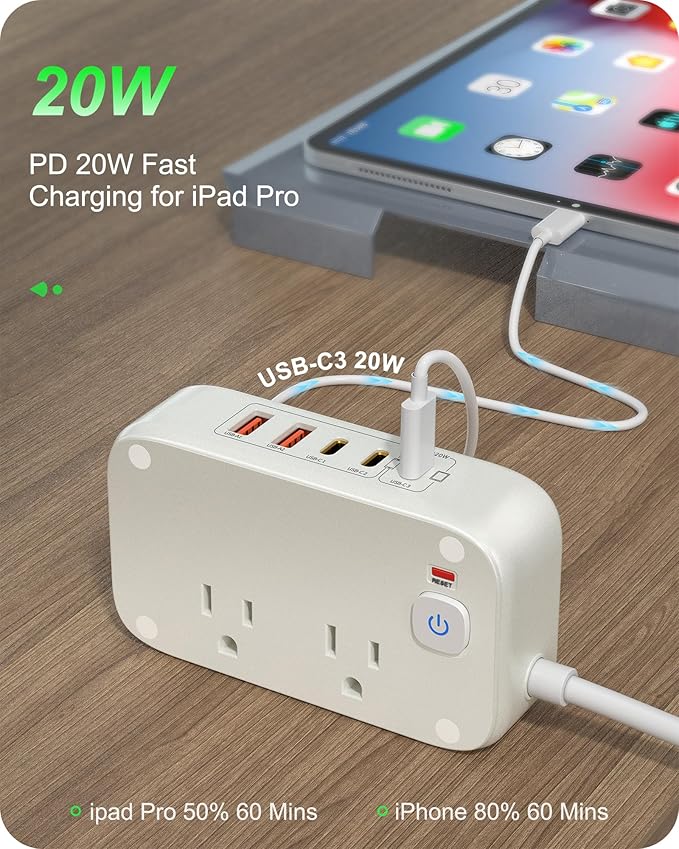 5FT Portable USB C Power Strip Surge Protector PD 20W Flat Wall Plug Charger Multipl Outlets with 2500W AC Outlets, 3 USB-C Ports, 2 USB-A Ports for Home/Office/Travel