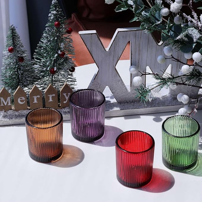 VOHO 4 Colors Ribbed Votive Candle Holders for Fall Decor, Set of 12 Tealight Candle Holder Easter/Halloween/Thanksgiving Decorations, Christmas Tea Light Candle Holder Glass Dining Table Centerpiece