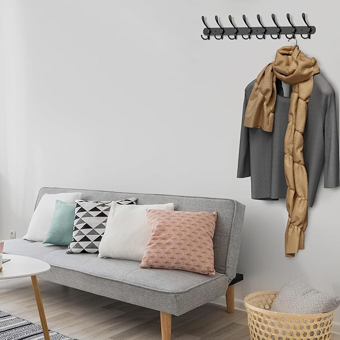 Coat Rack Wall Mount with 8 Tri Hooks, Stainless Steel 24 Inch – Black Matte Finish, Heavy Duty Wall Mounted Hook Rack for Coats, Hats, Towels, Scarfs, Robes, Bags, Entryway & Bathroom