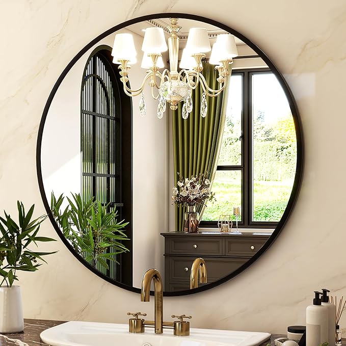 HARRITPURE Round Mirror 18 Black Wall Mounted Circle Mirrors Vanity Mirror with Brushed Aluminum Alloy Frame Modern Decoration for Bathroom, Living Room, Vanity, Bedroom, Entryway