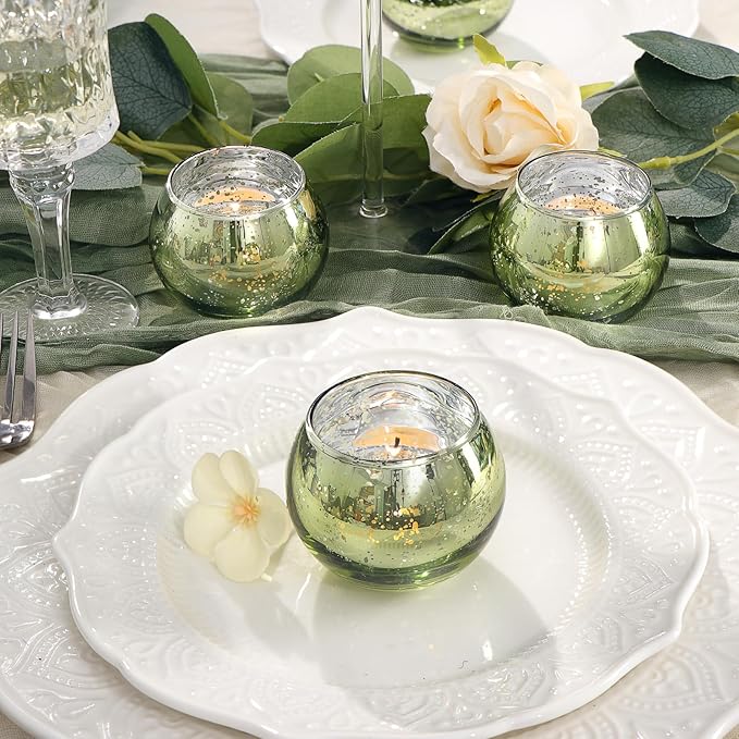 LAMORGIFT 24 Pcs Green Candle Holders - Mercury Glass Tealight Candle Holders for Spring Wedding, Birthday, Dinner Party Table Decor, Guest Favors